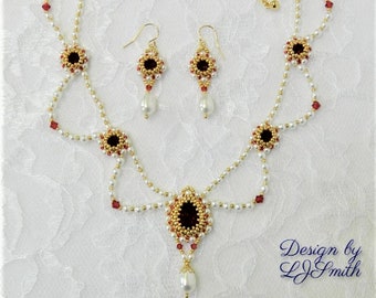 NECKLACE SET TUTORIAL - Beaded Pearl & Crystal Necklace and Earrings "Queen's Treasure" Set