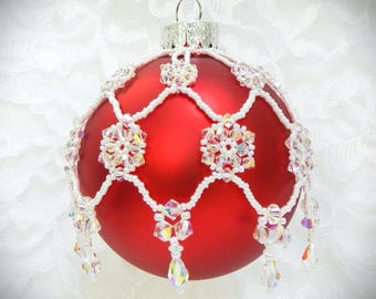 Beaded Swarovski Crystal Winter Flowers Christmas Ornament Cover DIY TUTORIAL/PATTERN