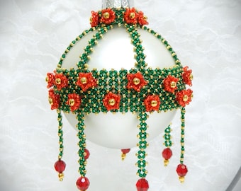 Beaded Poinsettia Garden Pondo Stitch Christmas Ball Ornament Cover DIY TUTORIAL/PATTERN
