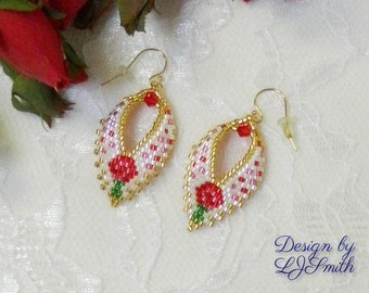 EARRING TUTORIAL - Beaded Leaf Rose Earrings in Brick Stitch