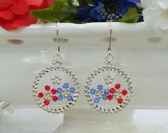 Beaded Crystal Bicone Red White and Blue Patriotic Dreamcatcher Hoop Earrings