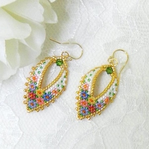 Brick Stitch Flower Bouquet Leaf Earrings TUTORIAL/PATTERN