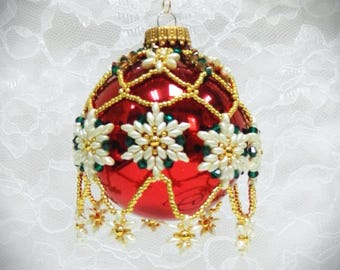 Beaded SuperDuo Poinsettia Christmas Ornament Cover DIY TUTORIAL/DOWNLOAD