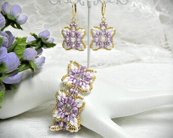 Beaded SuperDuo and Crystal Flower Square Bracelet and Earrings Set TUTORIAL/PATTERN