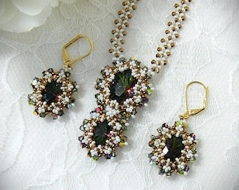 DIY Beaded Seed Bead & Crystal Oval Pendant Necklace/Earring pattern "Heirloom Set"  (DIGITAL DOWNLOAD)