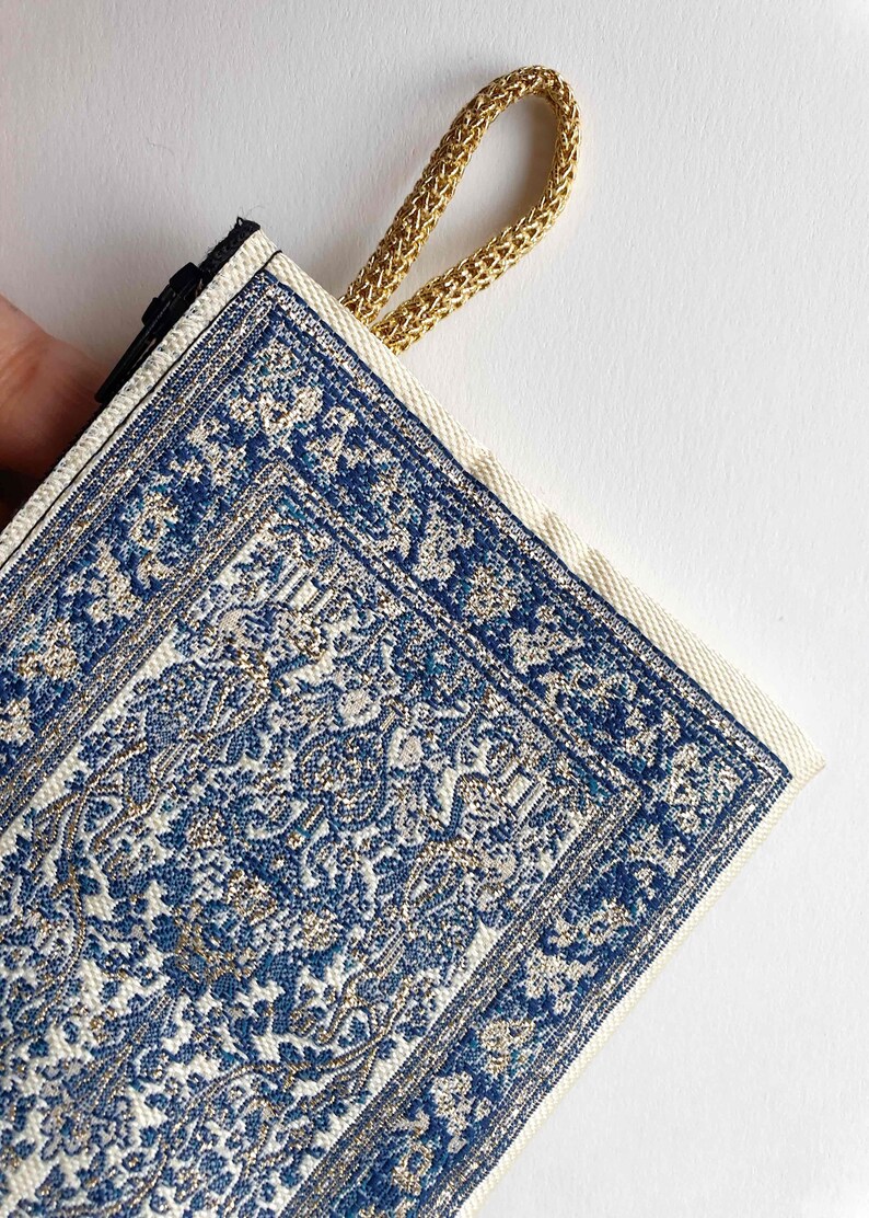 Authentic Wallet Carpet Bag Pouch Dark Blue Traditional Turkish Style Woven Tapestry Coin Purse with Zipper Kilim Pattern