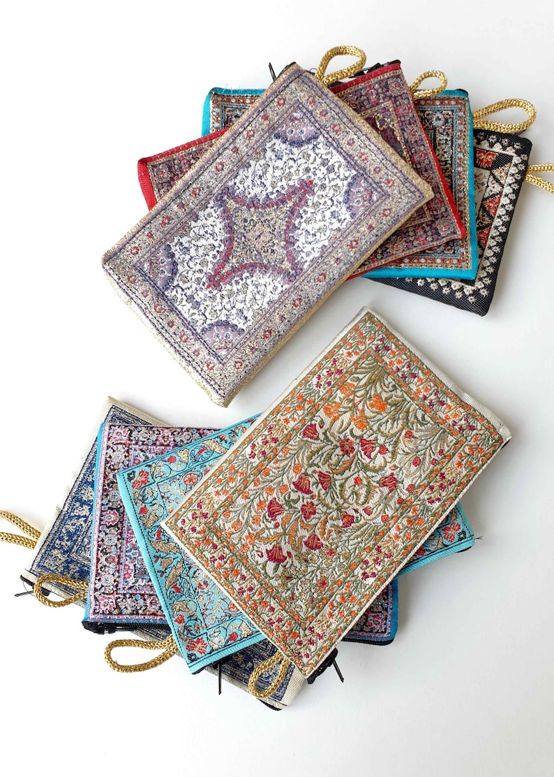 Authentic Wallet Carpet Bag Pouch Dark Blue Traditional Turkish Style Woven Tapestry Coin Purse with Zipper Kilim Pattern
