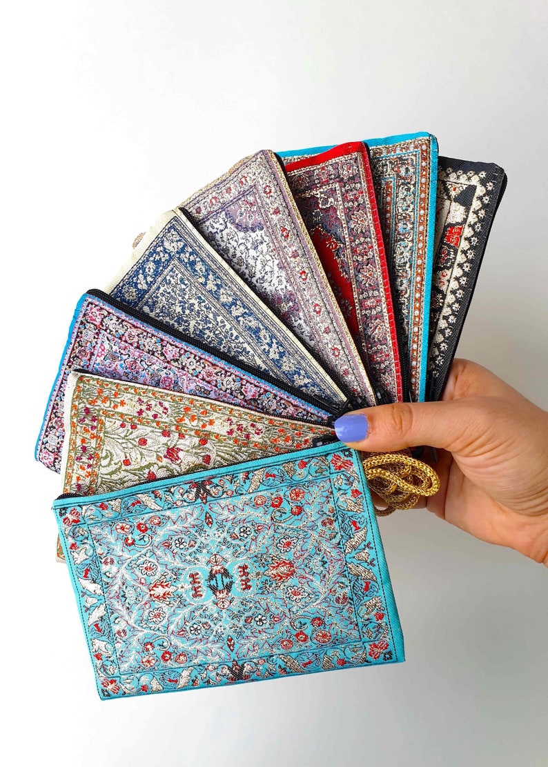 Authentic Wallet Carpet Bag Pouch Dark Blue Traditional Turkish Style Woven Tapestry Coin Purse with Zipper Kilim Pattern
