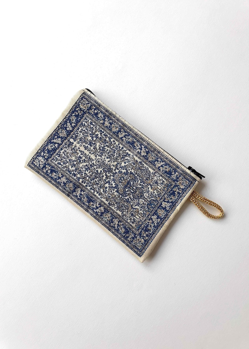 Authentic Wallet Carpet Bag Pouch Dark Blue Traditional Turkish Style Woven Tapestry Coin Purse with Zipper Kilim Pattern