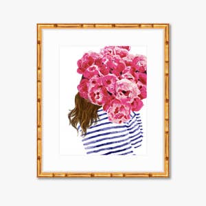 Navy Stripes and Pink Peonies -- Watercolor Print -- Home Decor