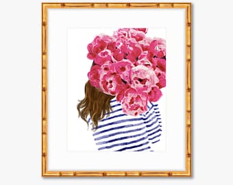 Navy Stripes and Pink Peonies -- Watercolor Print -- Home Decor