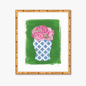 Jarrón Chinoiserie con Peonías Rosas -- Estampado de Acuarela -- Decoración del Hogar