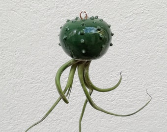 Dark green ceramic cactus-shaped tillandsia air plant pot (plant not included)