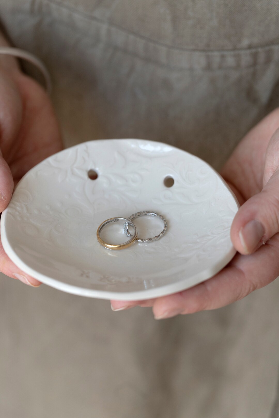 White Ceramic Wedding Ring Holder Plate With Delicate Botanical ...