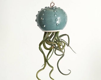 Small sage green Cactopus model hanging ceramic vase, modern design, for air plants, for tillandsia (plant not included)