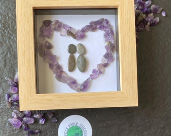 Precious gemstone Heart and pebble  Art – Anniversary Gift – Purple or blue or red Gemstone Picture