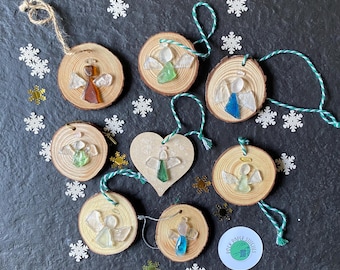 Handcrafted Sea Glass Angel Christmas Ornament - Rustic Wood Cookie Decor