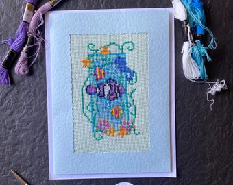 Handcrafted Cross Stitch Card: Tropical Fish Birthday Greeting