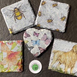 Posavasos de pizarra con decoupage hechos a mano: abeja, perro, mariposa o flor