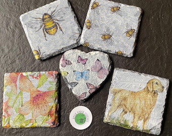 Handmade Decoupage Slate Coasters: Bee, Dog, Butterfly, or Flower