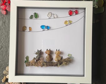 Sea Glass & River Pebble Cat Art – Trio of Cats Birdwatching, Coastal Handmade Wall Decor