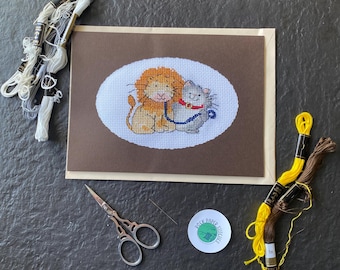 Handmade Cross Stitch Card: Margaret Sherry Cat Walking Lion Design
