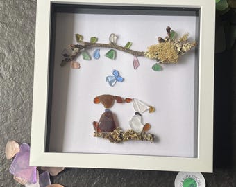 Dogs in Spring Sea Glass Art – Handcrafted Coastal Dog Artwork, Unique Pet Lover Gift, Spring-Themed Home Decor