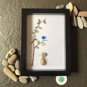 Pebble and Sea Glass Cat Art: Handmade Nature Picture
