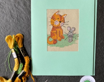 Handmade Cross Stitch Greeting Card - Cat & Mouse Design, Perfect for Animal Lovers, Unique Gift Card