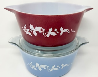 2 x JAJ Pyrex Hawthorn Dishes, Claret and Blue, One lid, Round Casserole Dish