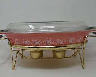 Vintage Pink Pyrex Gaiety Divided Daisy Dish JAJ & Warming Stand