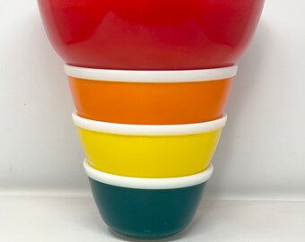Full Set of JAJ Rainbow Mixing Bowls Vintage 1970's Pyrex Red Orange Yellow and Teal