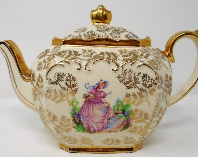 Sadler Cube Shaped Teapot Pinkie Crinoline Lady Pink and Gold Etsy