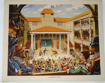 Vintage Macmillan History Poster / Print An Elizabethan Theatre J Beaven School Educational School