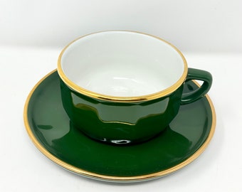 Large Apilco France Breakfast Cup and Saucer Porcelaine Bistro Green and Gold