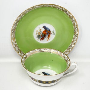 Epiag Royal Exotic Birds Cup and Saucer Teaset Czechoslovakia Green and Gold Design 9 image 2