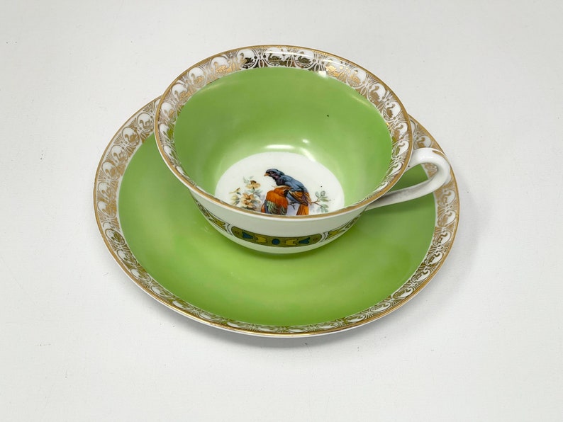 Epiag Royal Exotic Birds Cup and Saucer Teaset Czechoslovakia Green and Gold Design 9 image 3