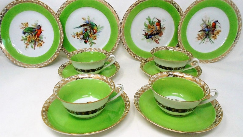 Epiag Royal Exotic Birds Cup and Saucer Teaset Czechoslovakia Green and Gold Design 9 image 6