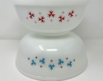 Phoenix Pyrex Sputnik Nesting bowls Opalware Atomic Space age era Pyrex Red and Blue