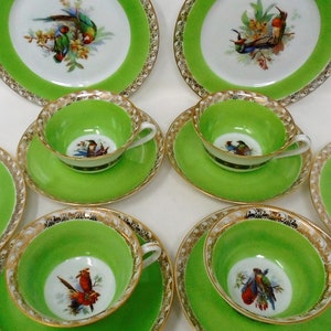 Epiag Royal Exotic Birds Cup and Saucer Teaset Czechoslovakia Green and Gold Design 9 image 5