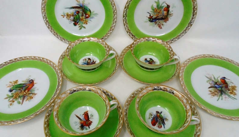 Epiag Royal Exotic Birds Cup and Saucer Teaset Czechoslovakia Green and Gold Design 9 image 5