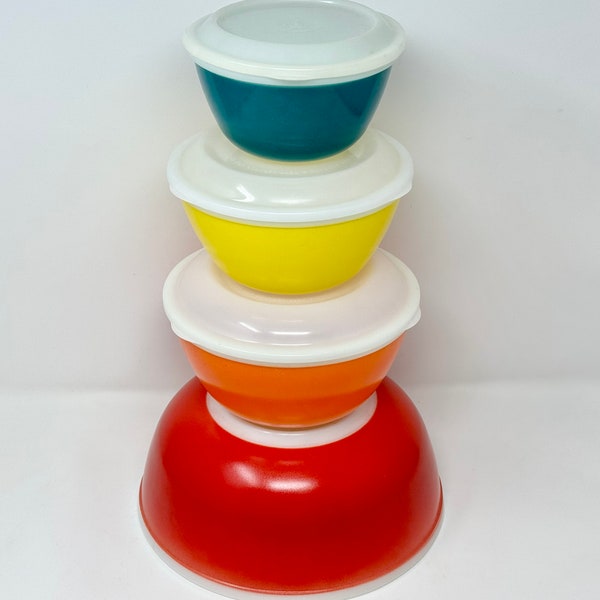 Rare Lidded JAJ Rainbow Mixing Bowls Vintage 1970's Pyrex Red Orange Yellow Teal with lids