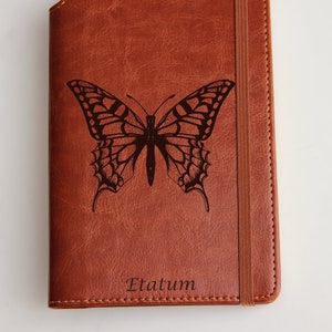 Butterfly papillon Journal with custom quote or custom text leather bound with elastic strip fully customizable journal
