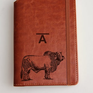 Customizable brahman bull illustrated journal, leather bound, with elastic strip,leather journal gift for farmer, cattle raiser,