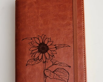 laser engraved sunflower Journal with custom quote or custom text leather bound with elastic strip badge emblem