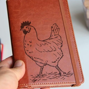 Hen engraved journal, sketchbook, hen illustration, leather journal, rooster journal, gift for dad, graduation gift journal for him