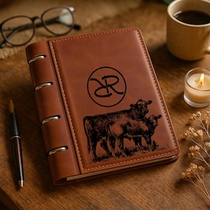 May include: A brown leather-bound notebook featuring a black engraved design of a cow and calf below a circular logo with the letters DR. The notebook has a vertical spine with four silver metal rings holding the pages together.
