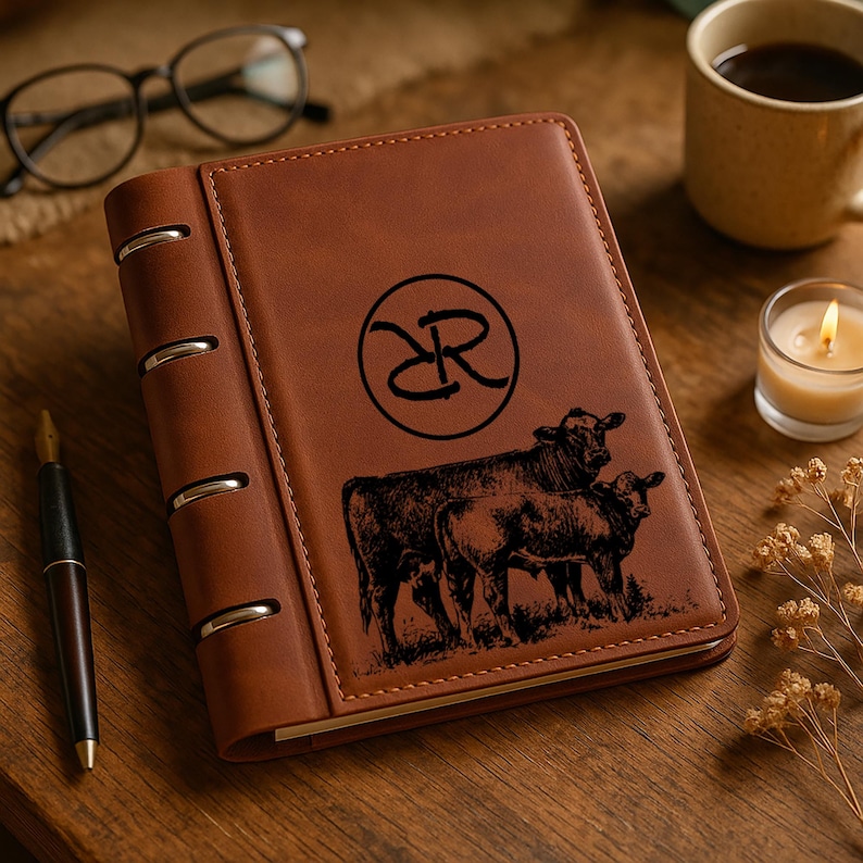 May include: A brown leather-bound notebook featuring a black engraved design of a cow and calf below a circular logo with the letters DR. The notebook has a vertical spine with four silver metal rings holding the pages together.