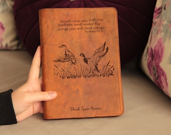 Duck Hunting Bible Cover laser engraved genuine crazy horse leather or gold gilded thermo leather from your photo couple photo