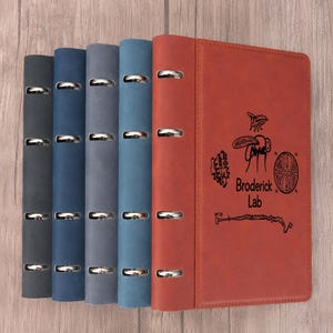 May include: Five ring binders in a row, featuring a matte finish in black, navy, grey, light blue, and rust orange. The rust orange binder displays a black graphic print with the text Broderick Lab, a fly illustration, and scientific diagrams.